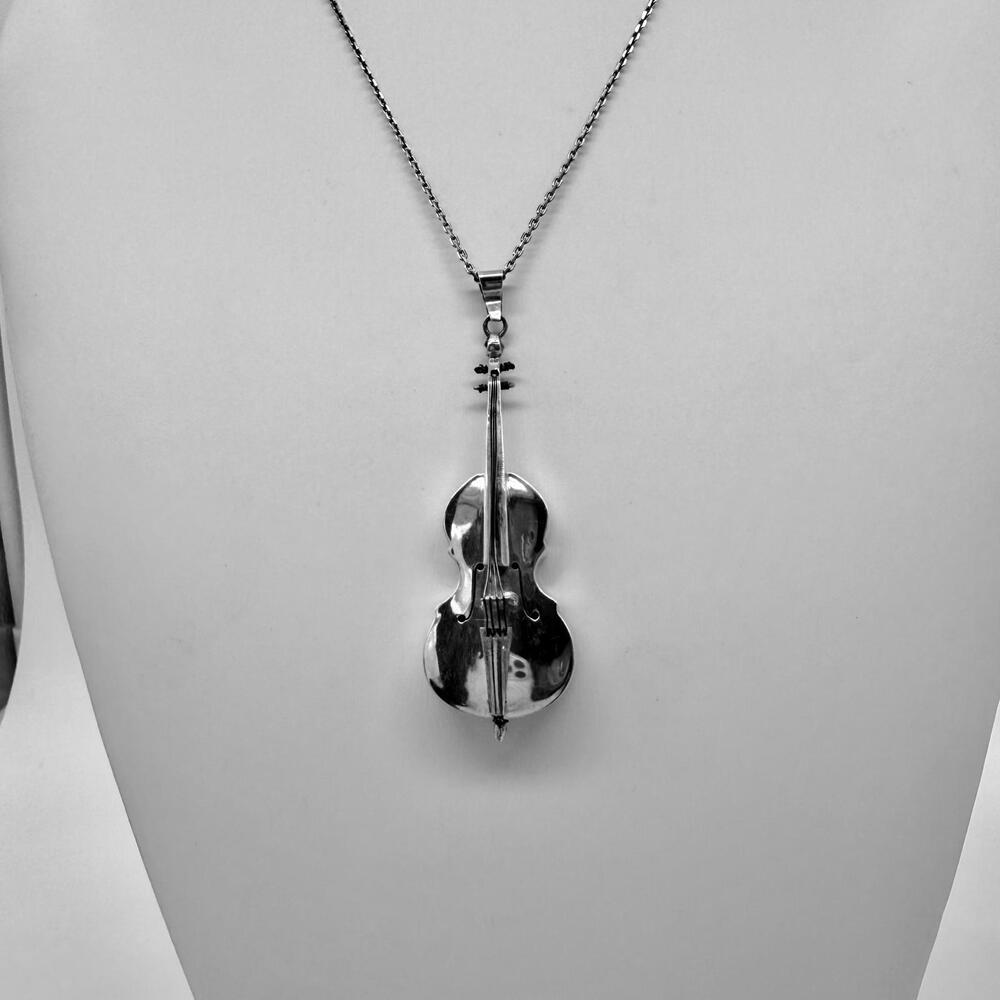 Vintage Sterling Silver Violin Pendant On Sterling Silver chain Necklace.